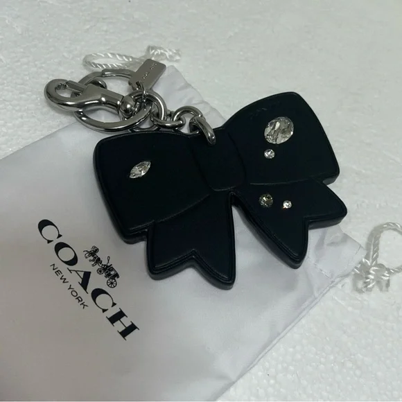 COACH Bow Bag Charm Gem Ribbon Black Leather - Picture 4 of 4